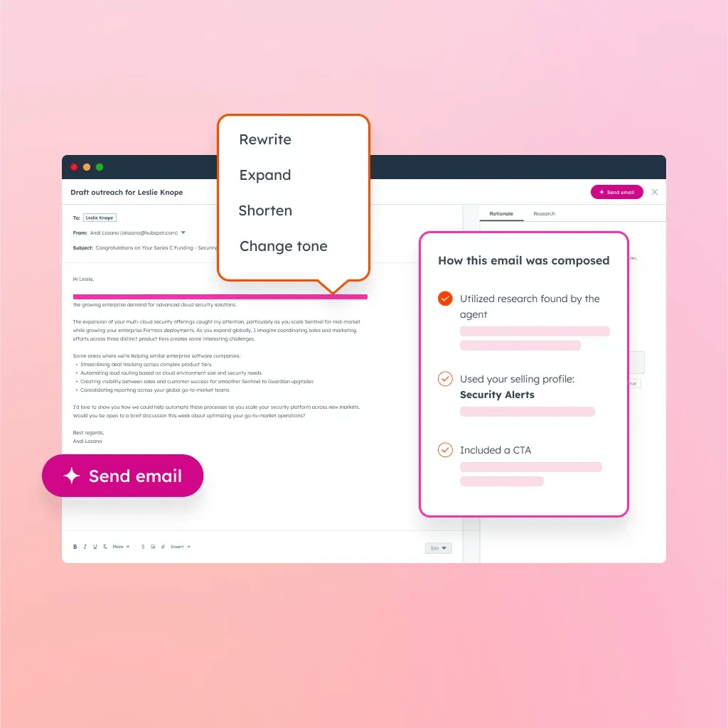 Prospecting agent showing ability to edit and send email