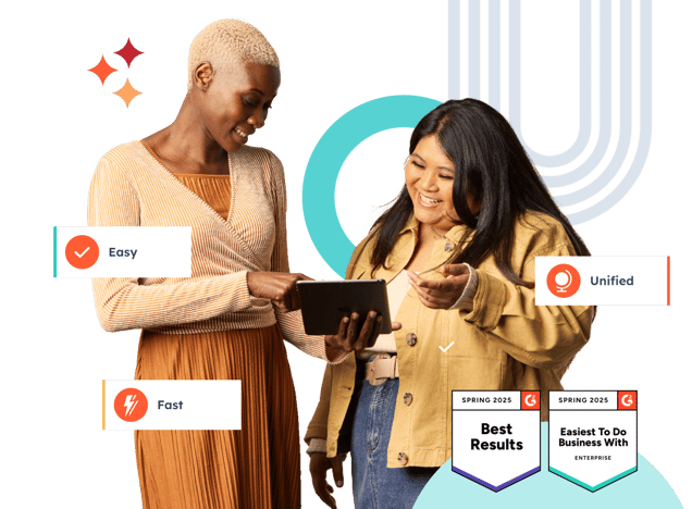 HubSpot is easy, fast, and unified. G2 badges, Summer 2024, Leader Enterprise, Easiest to do business with Enterprise.